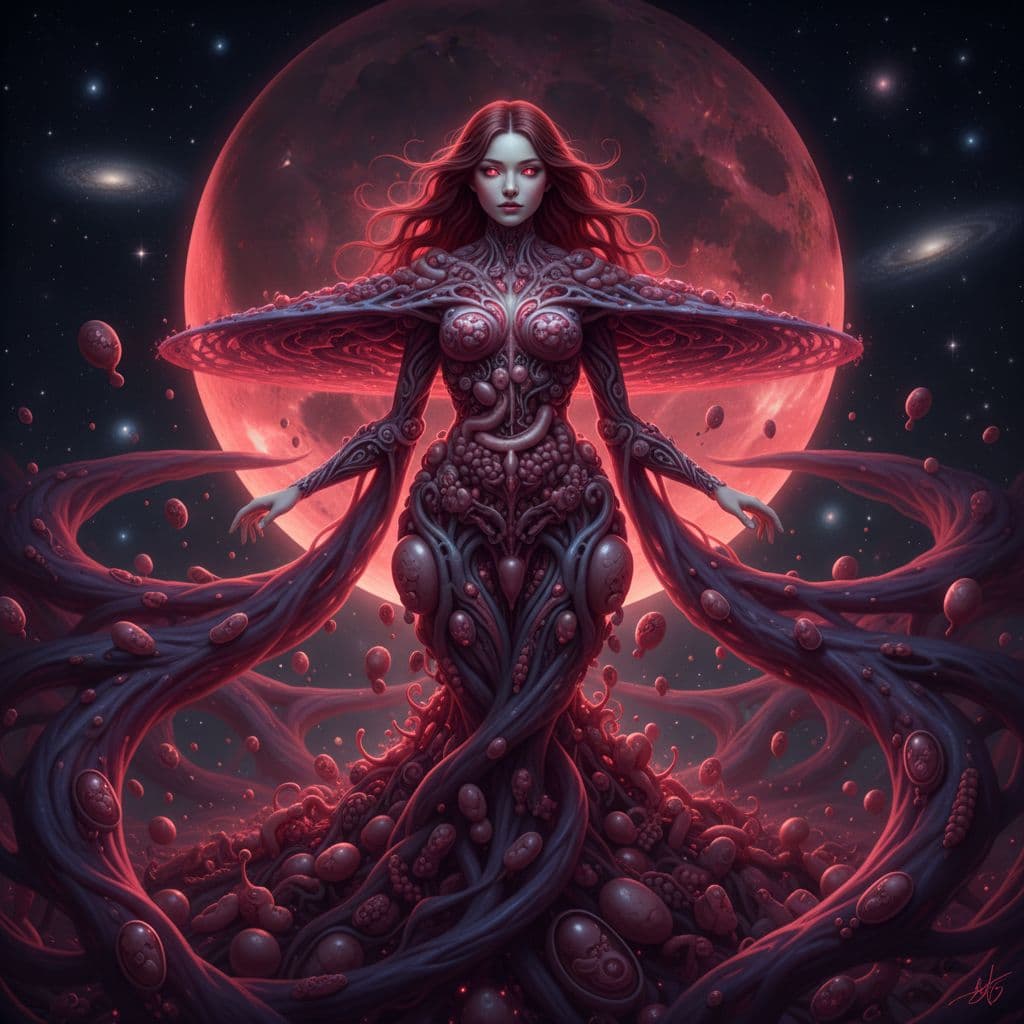 AI generated: "She" is composed of countless birthing organs haphazardly piled together, with swirling smoke and c...