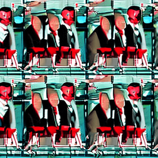 AI generated: distorted, men in suits sitting behind the table, many faces staring at you, in suits , they upside ...