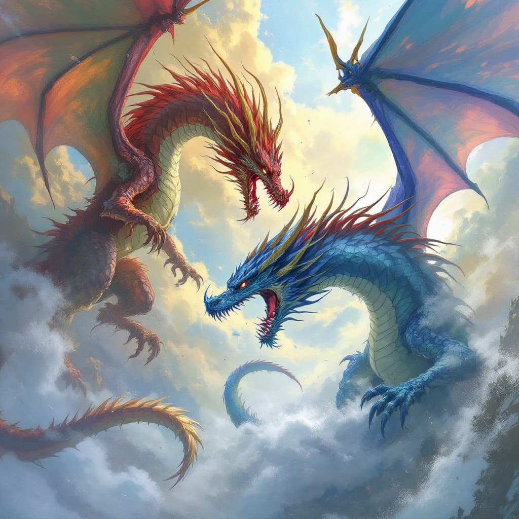 AI generated: Fierce battle in the sky between two dragons --chaos 75 --ar 1:2 --style raw --profile rsy6uq9 --sty...