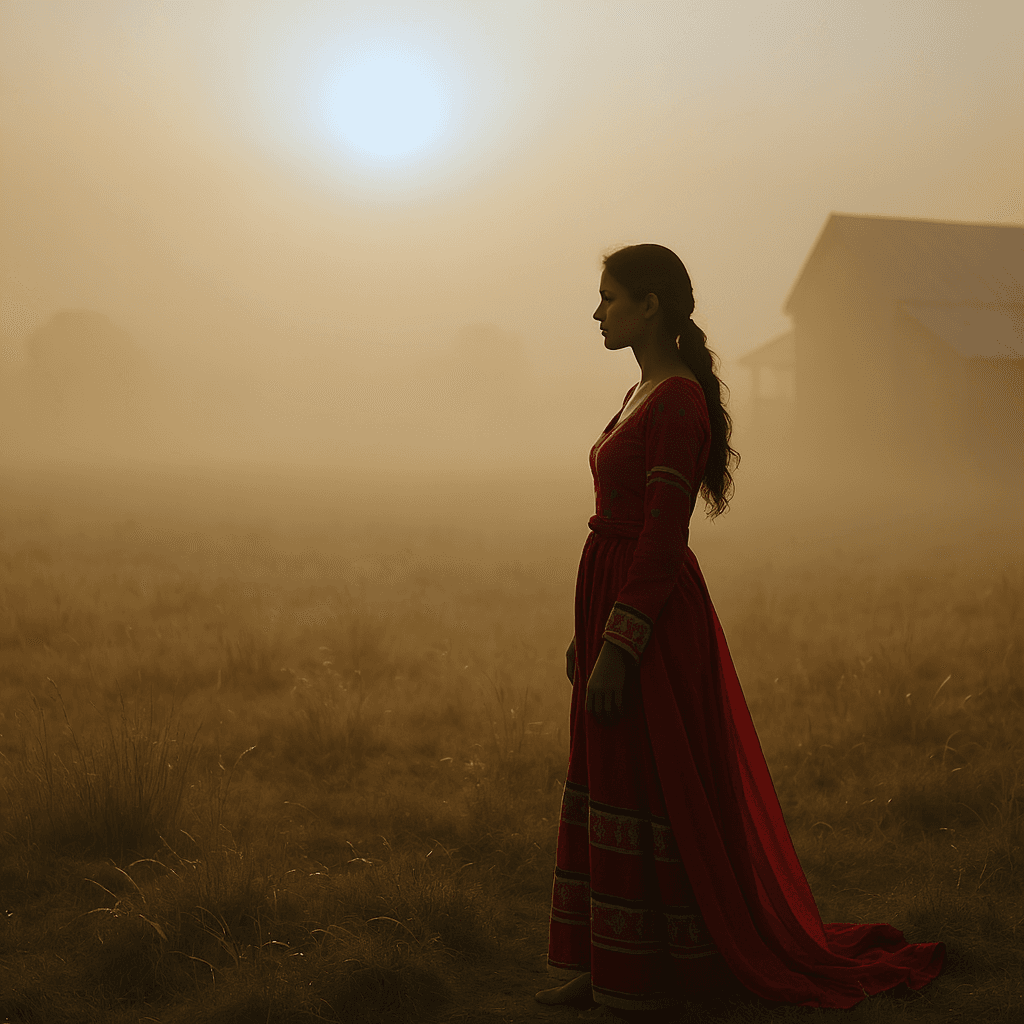 AI generated: A country farm setting. The photograph captures the golden light of the morning sun breaking through...