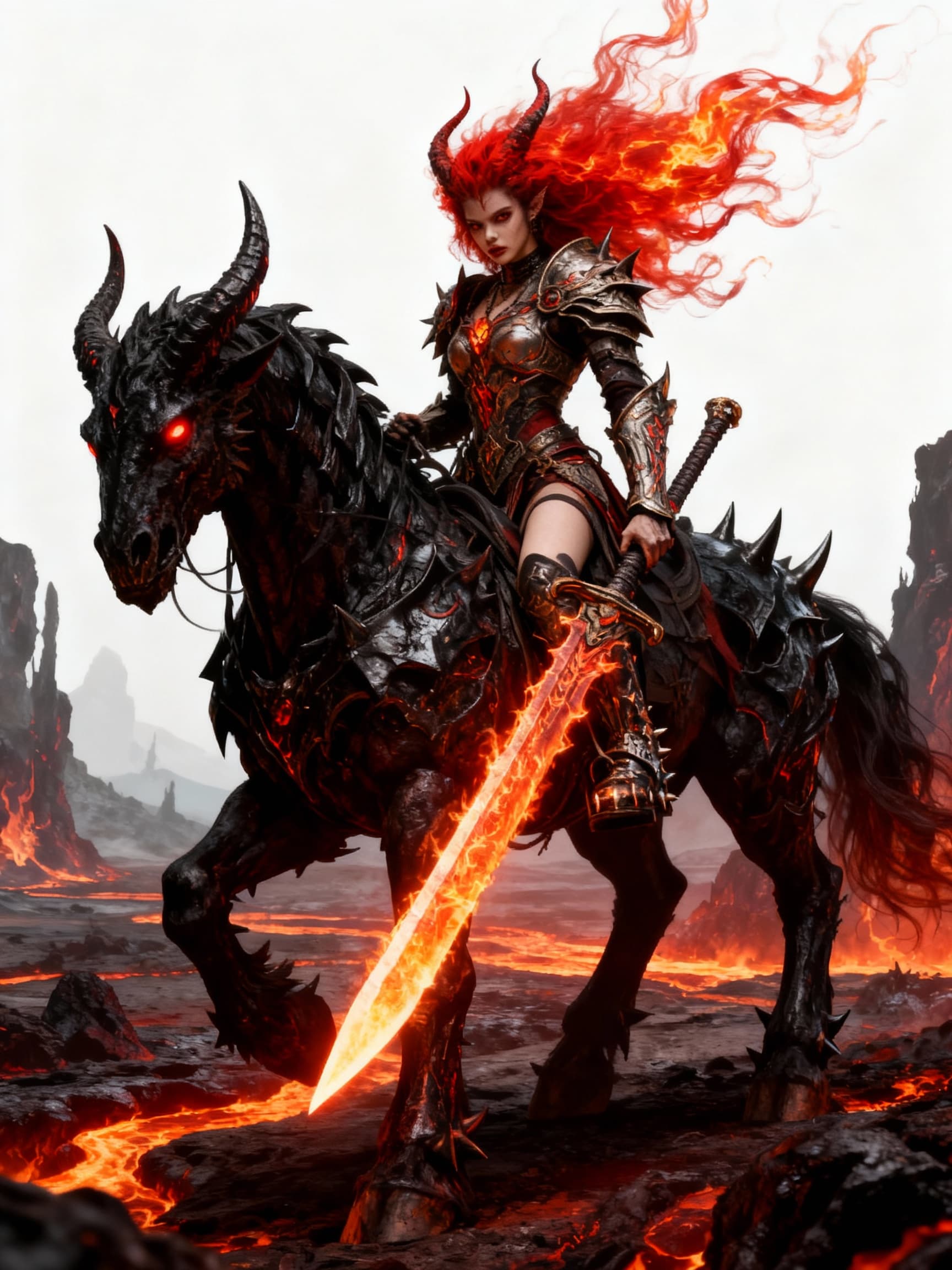 AI generated: A cinematic photograph of a formidable Hellgurl, a powerful demoness with vibrant fiery red hair cas...