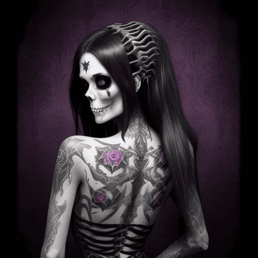 AI generated: beautifull woman death metal gothic style tattooed skeleton sides 