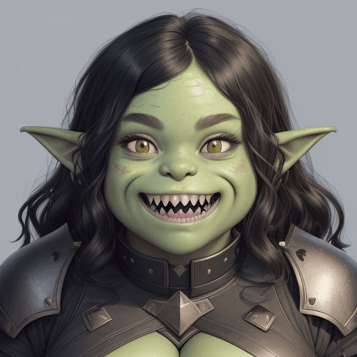 AI generated: digital art portrait - a chubby Goblin woman with green blemished skin, large red eyes, wide flat no...