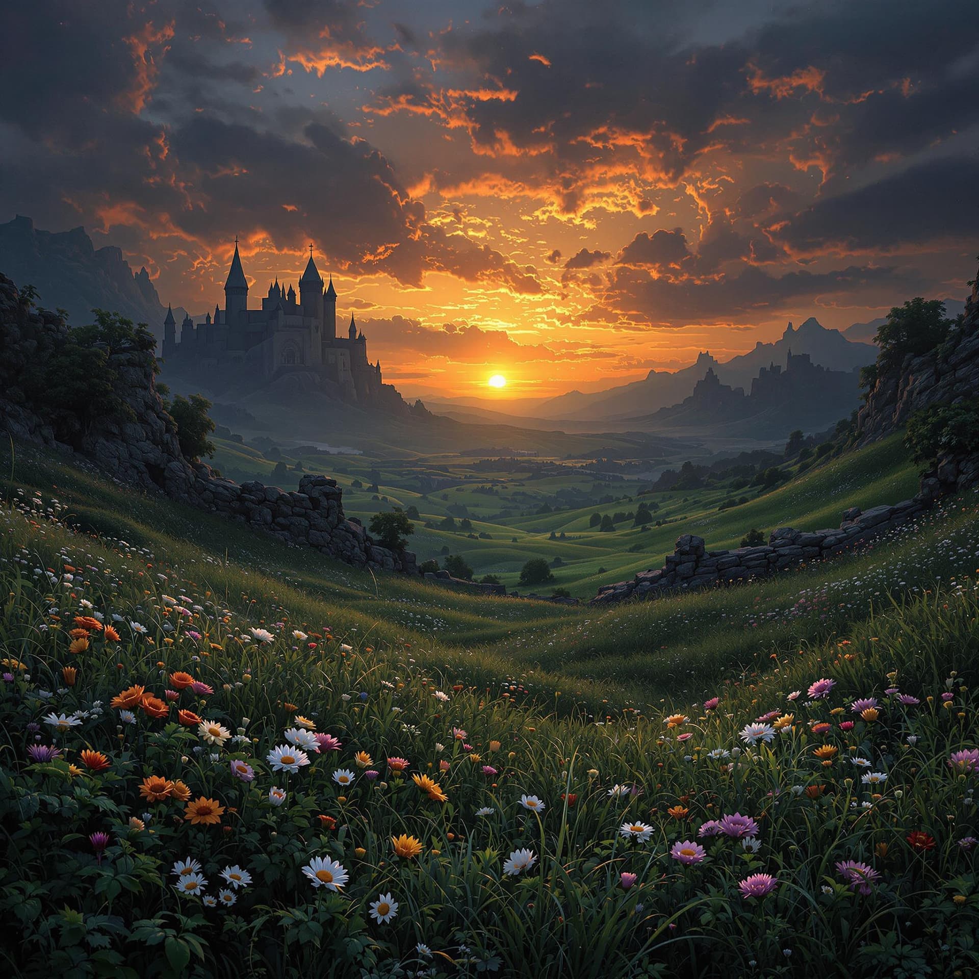 AI generated: dark sunset over fantasy overgrown celtic kingdom, green grass, flowers --ar 1:2 --ar 2:3