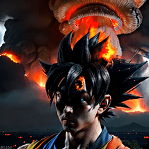 AI generated: Goku as oppenheimer, destroyer of worlds, red and orange tint in the air, mushroom clouds in the bac...