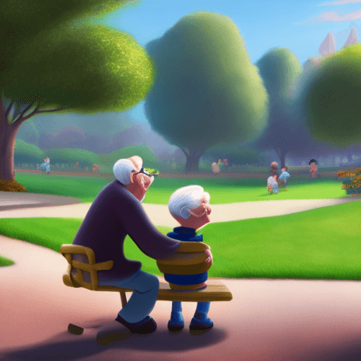 AI generated: Picture of the grandpa playing with a grandson in the park, Pixar style, 4k 