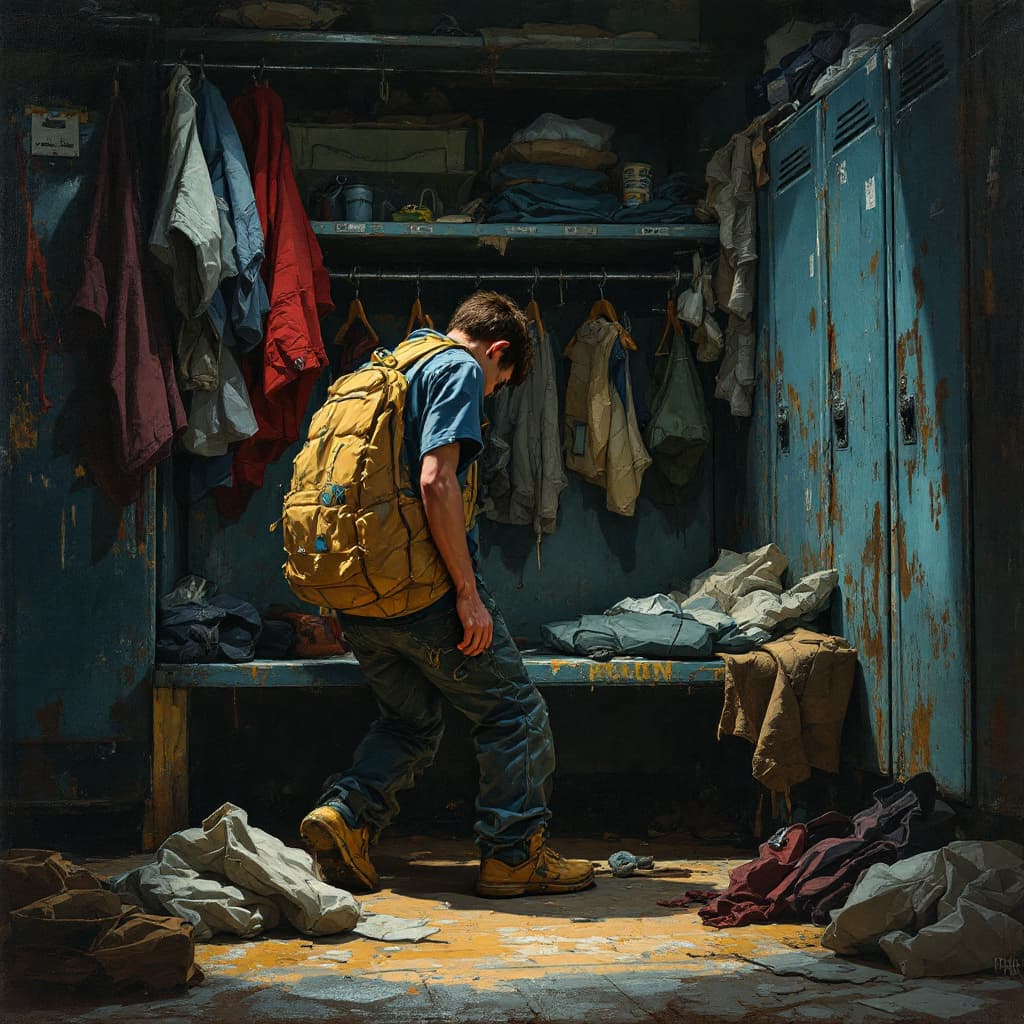 AI generated: boy in locker room - obviously stealing something
