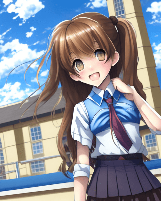 AI generated: girl, happy, wavy hair, hair over one eye, twintails, brown hair, best girl hair, school uniform, sc...