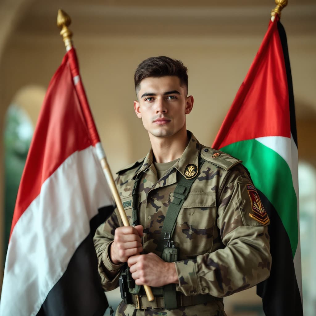 AI generated: "A confident young man wearing a military uniform, holding the Egyptian and Palestinian flags. He st...