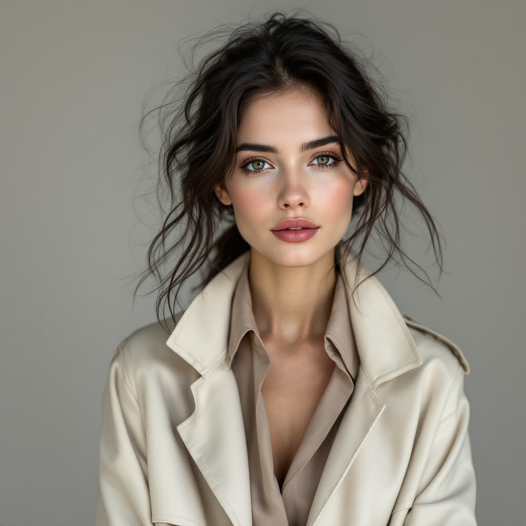 AI generated: A 23-year-old Czech woman with porcelain skin and dark chocolate hair in soft layers, wearing a neut...