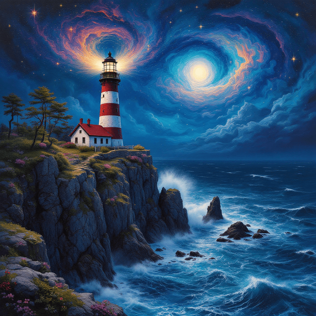AI generated: a Psychedelic lighthouse in a stormy night is located on the edge of a cliff in scenery next to an E...