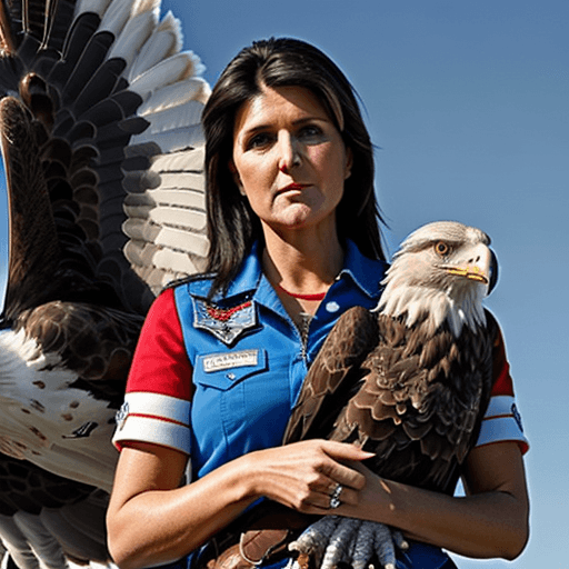 AI generated: nikki haley petting a large eagle with a red right wing, a blue left wing, vertical red and white st...