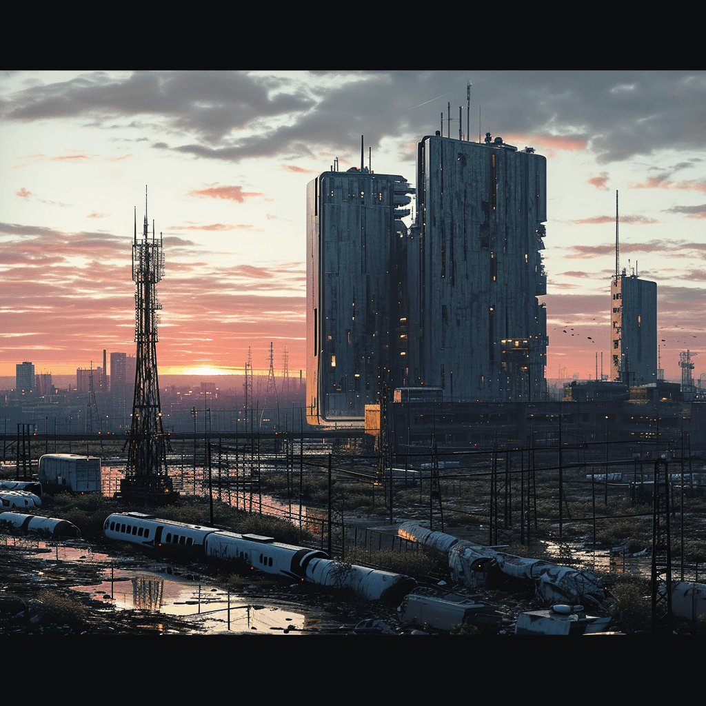 AI generated: fuse Simon Stalenhag's futuristic vision with elements of madness and visual distortion, garish buil...