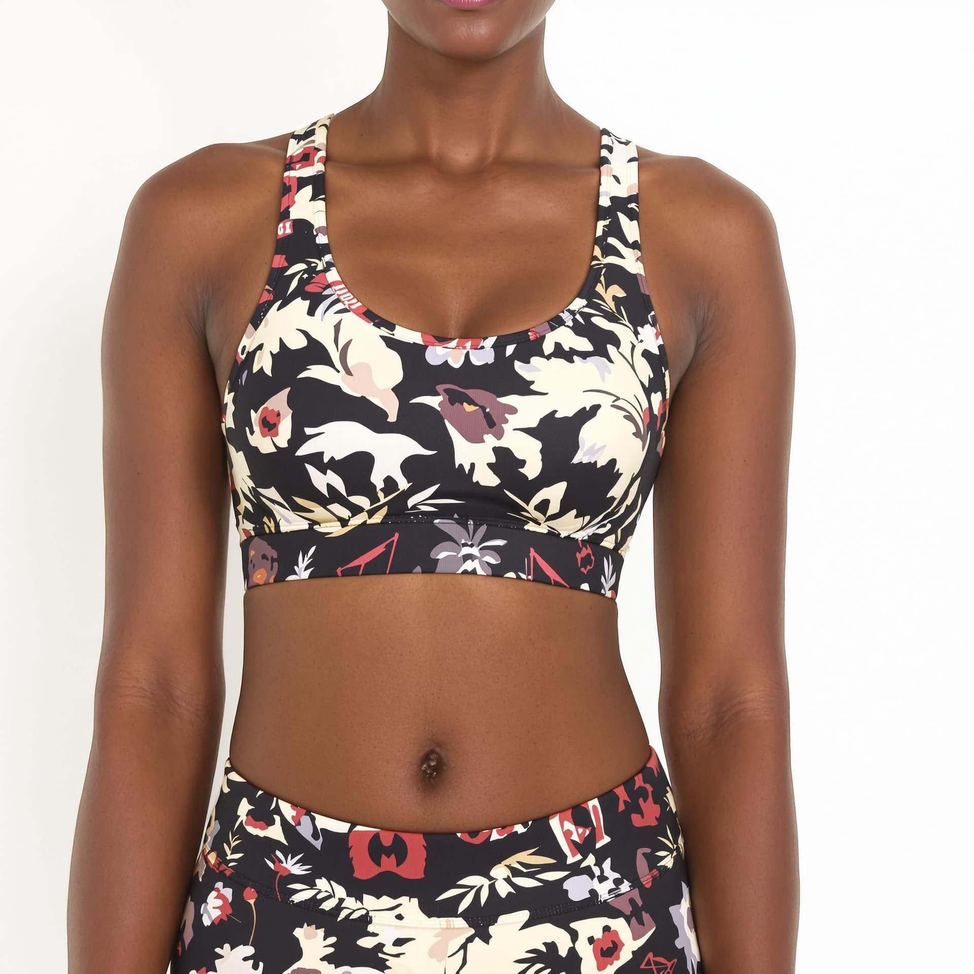AI generated: a black woman wearing sports bra and matching leggings. The backdrop is white.