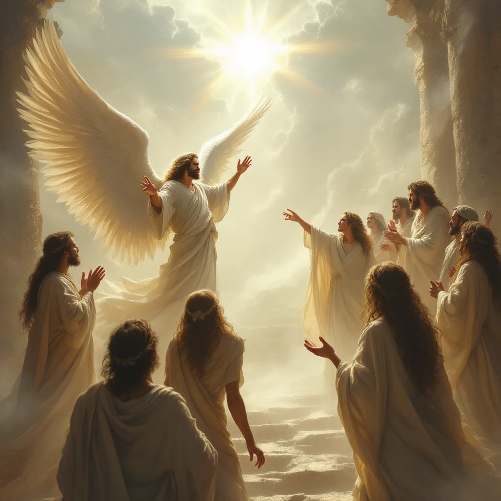 AI generated: i want an image of an angel teaching the people of God about the  second coming of christ , the back...