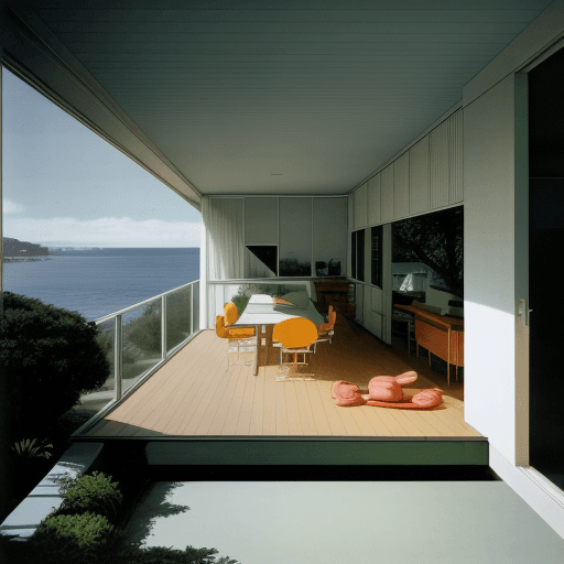 AI generated: Hyper realistic eye level exterior photo of a mid century modern style house overlooking the ocean, ...