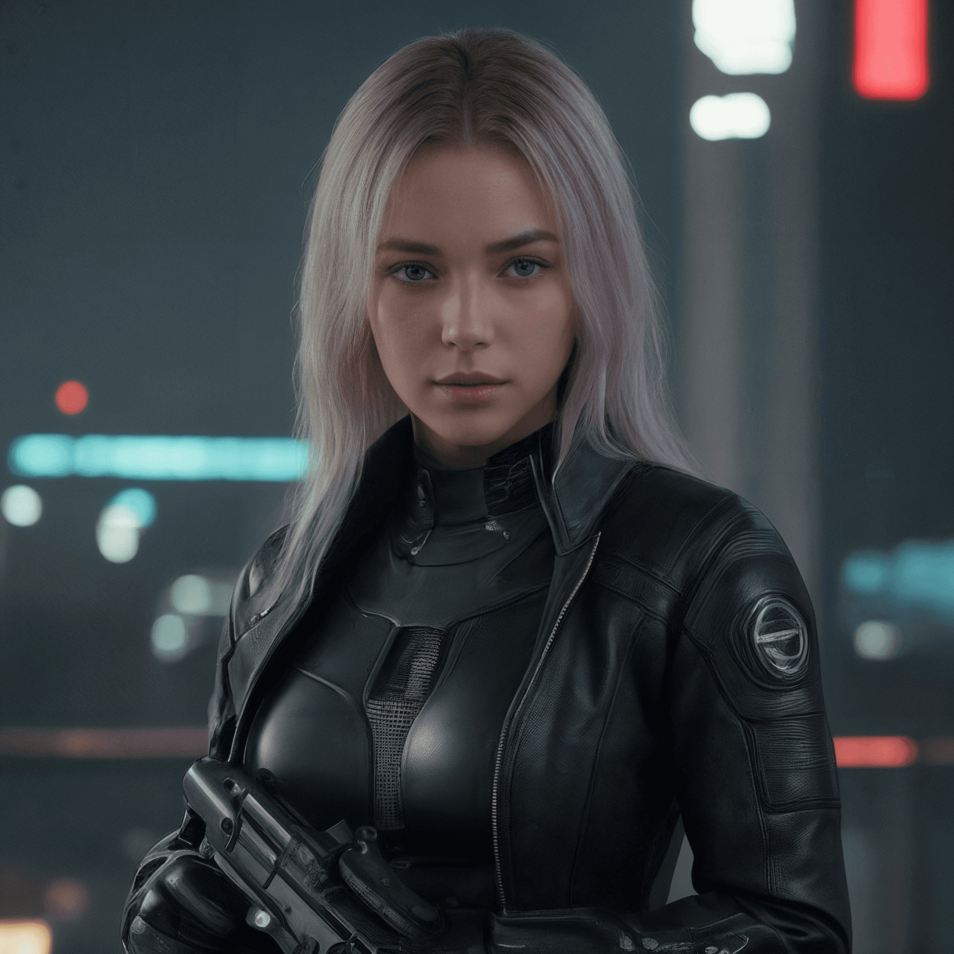 AI generated: a woman in a futuristic suit holding a gun in her hand, looking at the camera, cyberpunk art, neo-fi...