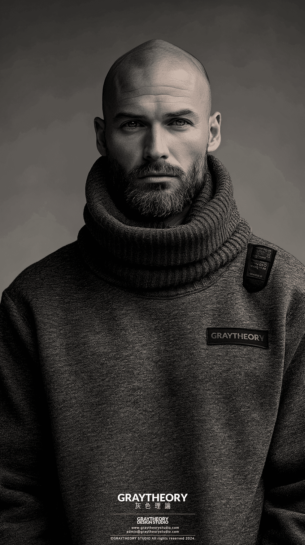 AI generated: front view, capture a urban sweat shirt, technical materials, man model, a bald head and beard, fabr...