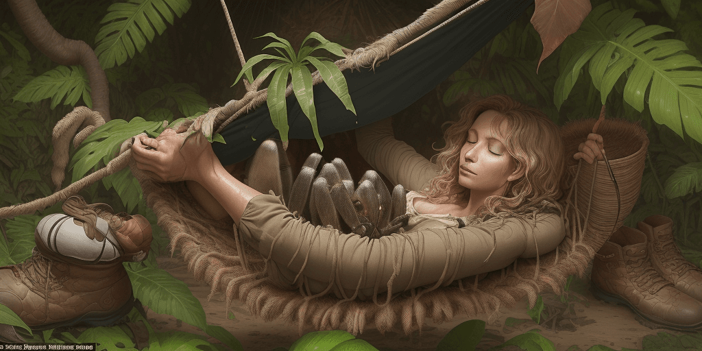 AI generated: close-up scene in the jungle: a tarantula emerges from an adventurer's shoe and object where she has...