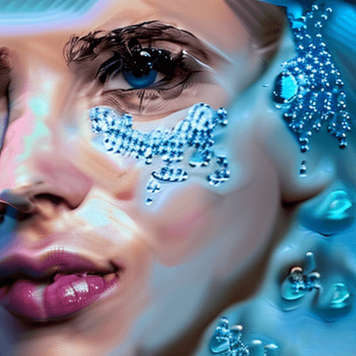 AI generated: A mesmerizing close-up image of a woman's face, with her faces partially submerged in water. Her eye...