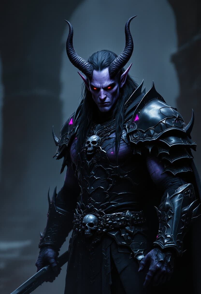 AI generated: Envision a Male purplish-skinned demon Elf, Menacing Horns, piercing red eyes with facial features o...