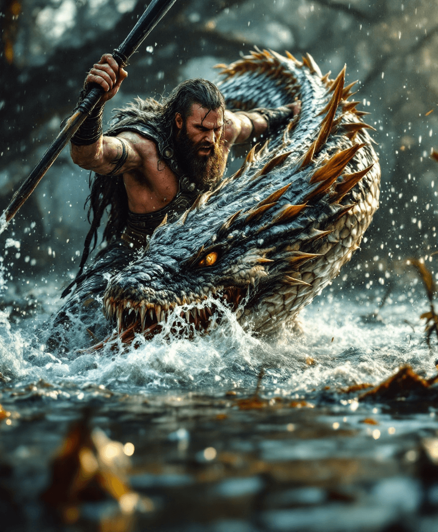 AI generated: hyper-realistic action photograph of a barbarian beheading a giant serpent in a swamp, the barbarian...