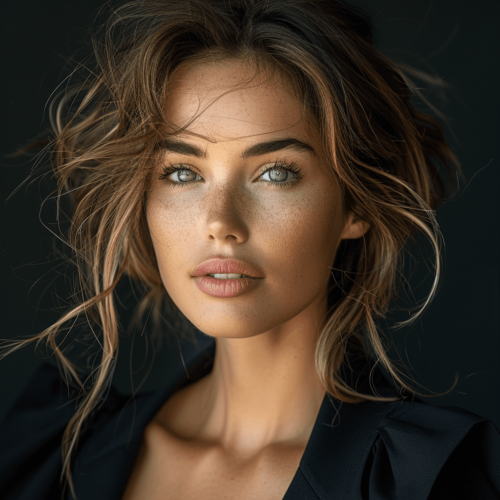 AI generated: fashion model, editorial photography, photorealism, side angle, slight hint of a smile, dramatic lig...