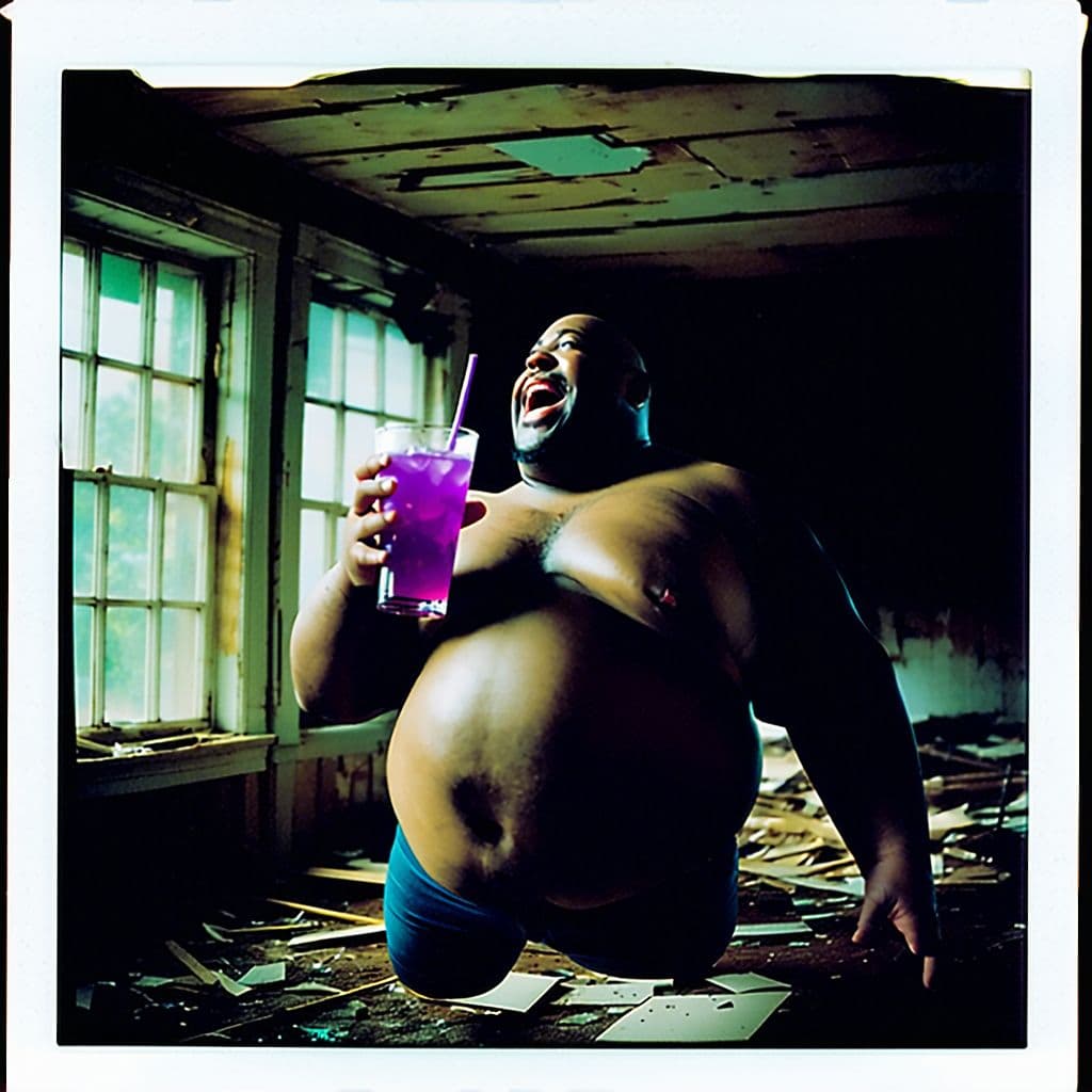 AI generated: grainy 80's photograph quality polaroid of big fat planet-sized bald elated black man floating extre...