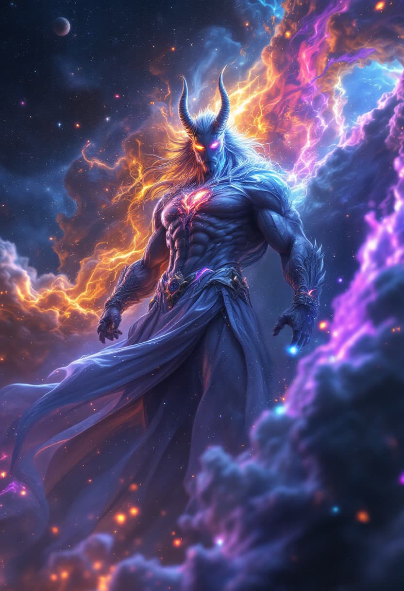AI generated: God of Sound, full-body, Etherial, muscular, No mouth, hair or Beard, Glowing Rainbow eyes, epic, ci...