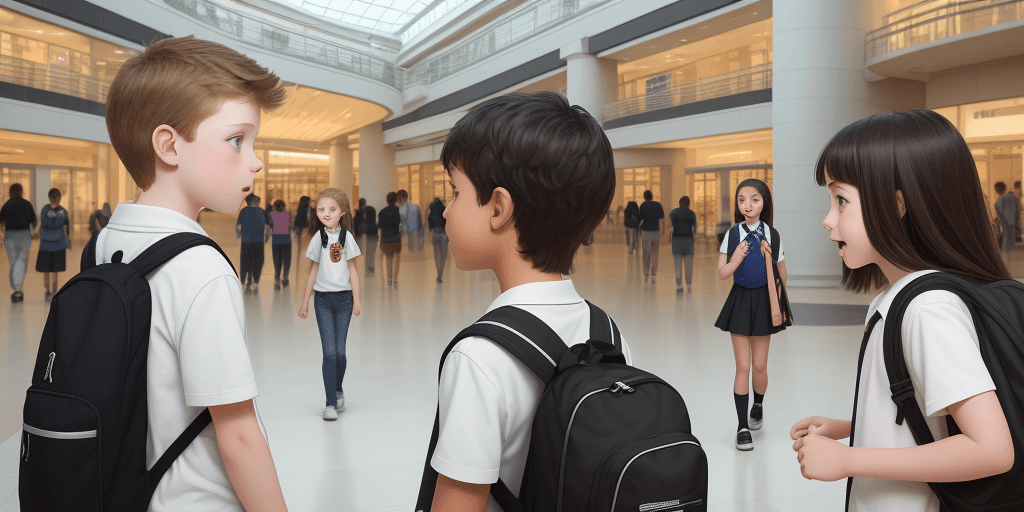 AI generated: Create a graphic of a white grade schooler and a black grade schooler talking in the mall