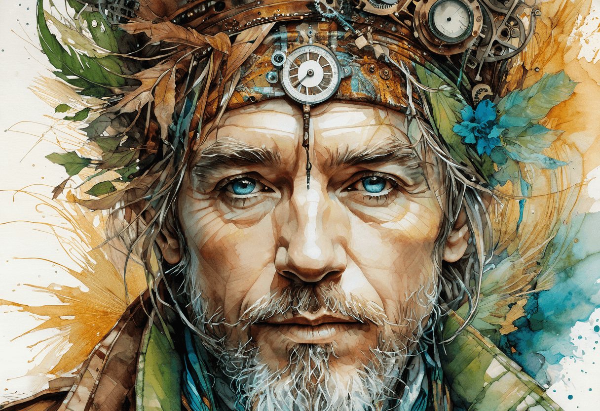 AI generated: (close up portrait of an unusual man, style of carne griffiths surealism:1.5 masterpiece:1.2) , Abho...