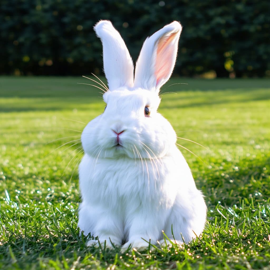 AI generated: a big fluffy white rabbit it does not have face, eyes, mouth and nose. sitting up right in the grass...