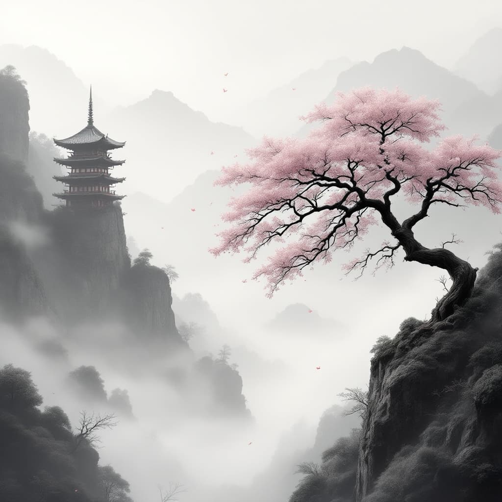 AI generated: cinematic grayscale, traditional Japanese tree, foggy layered mountain valley, matching tone and col...