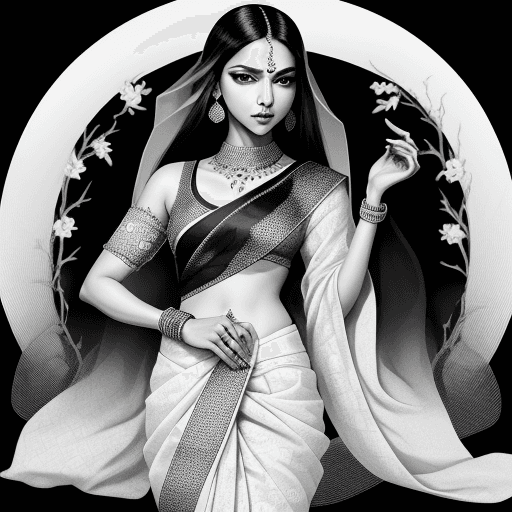 AI generated: in the style of a black and white Japanese ink drawing, a beautiful Deepika Padukone in a traditiona...