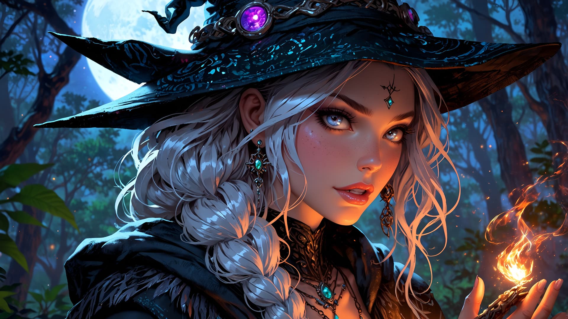 AI generated: In the depths of a mystical forest, an iridescent exotic witch with shimmering rainbow skin and silv...