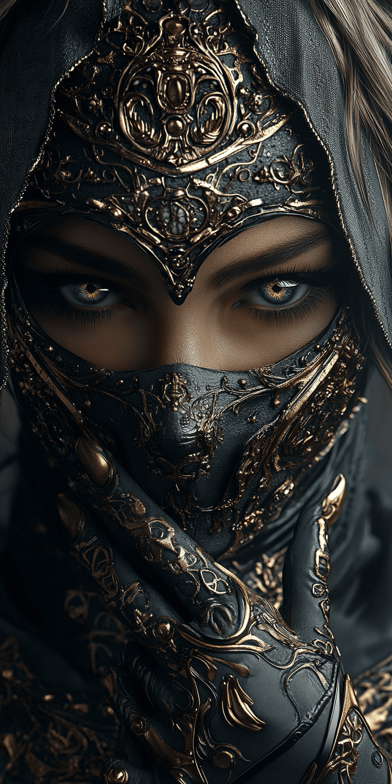 AI generated: A mysterious hooded figure wearing intricate black and gold armor. The face is partially obscured by...