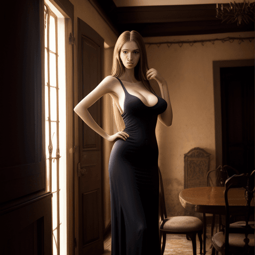 AI generated: beautiful slender woman in a barroque long dress displaying full breasts in a beautiful old house
