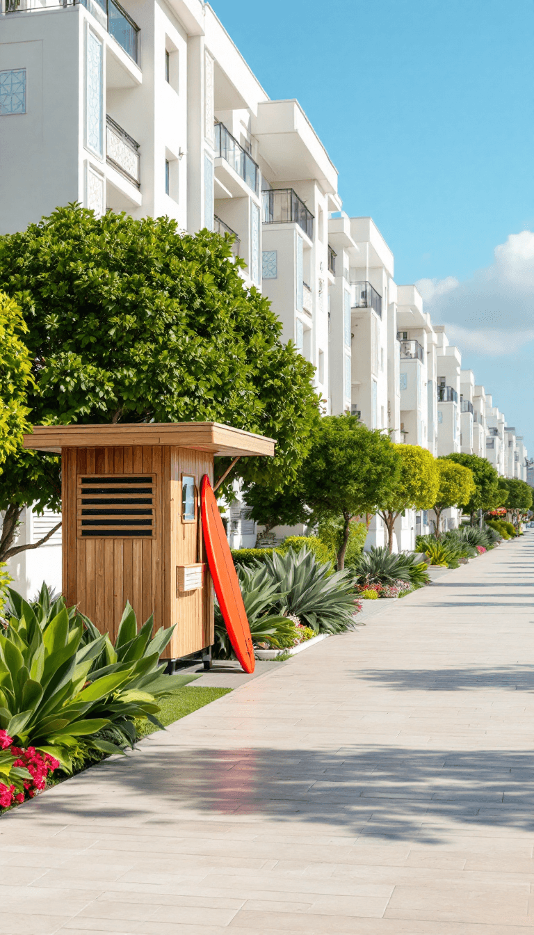 AI generated: A high-quality vertical composition of a peaceful promenade by the sea. The clean design of light-co...
