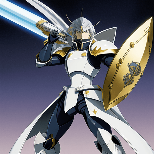 AI generated: illustration of The Five Star Stories KOG, with shield and weapon, in the style of Nagano Mamoru, an...