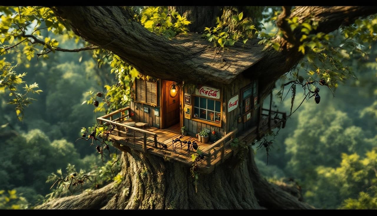 AI generated: Create an ant's point of view from the ground next to the tree of this treehouse.