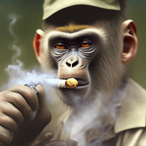 AI generated: Hyper realistic eye level photo of a Monkey smoking cigarettes during war 