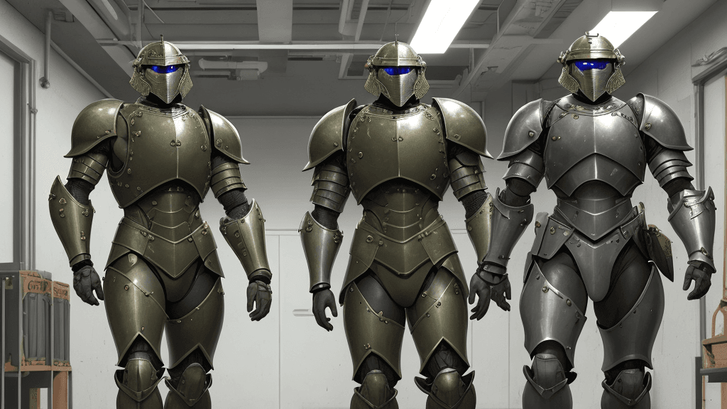 AI generated: human male Armoured warriors investigating in a secret lab, 
