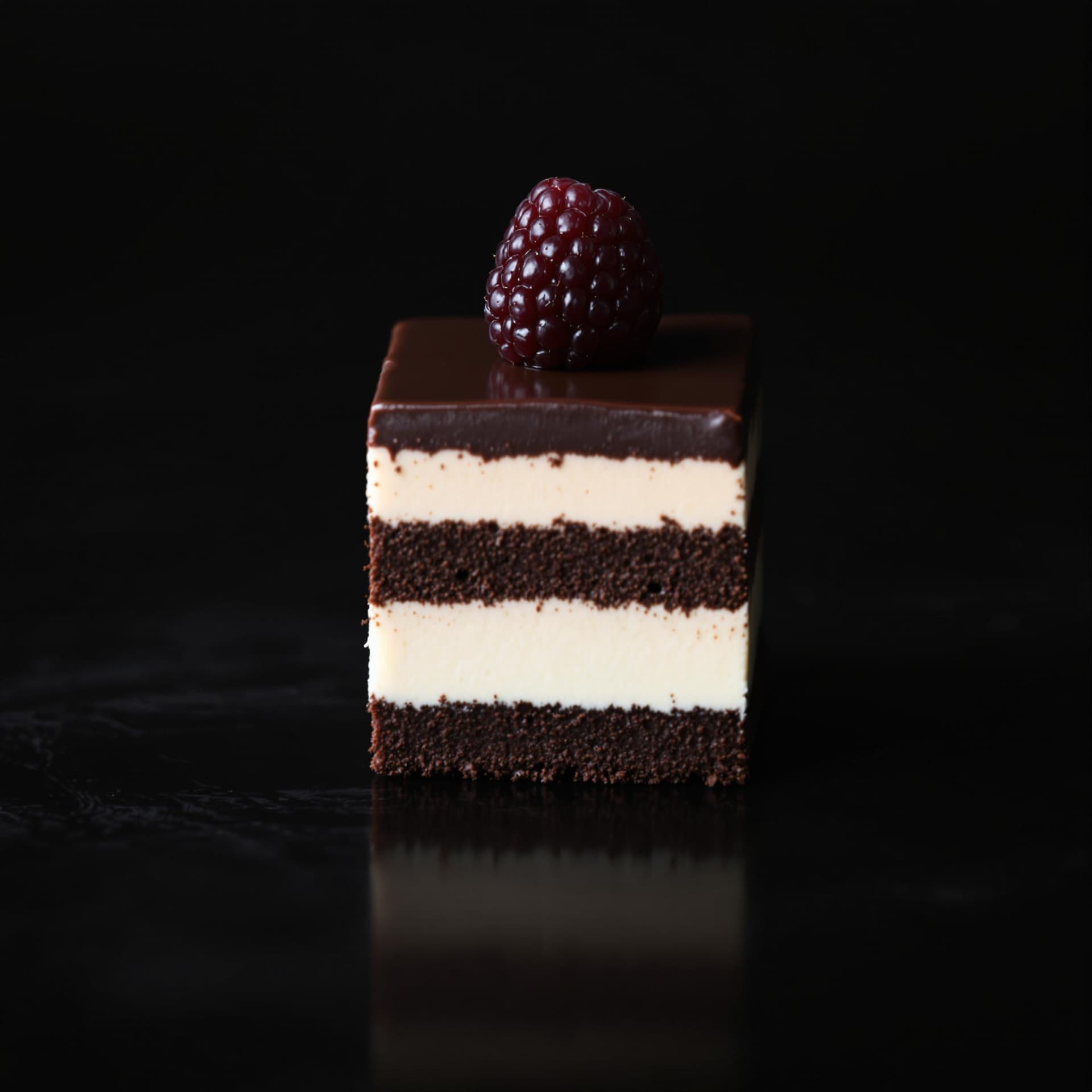 AI generated: The image features a square piece of layered dessert, prominently displayed against a dark, blurred ...