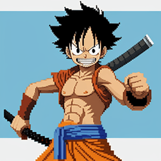 AI generated: A pixel art 8 bits reimagining of a one piece anime character luffy wielding a katana and wearing In...