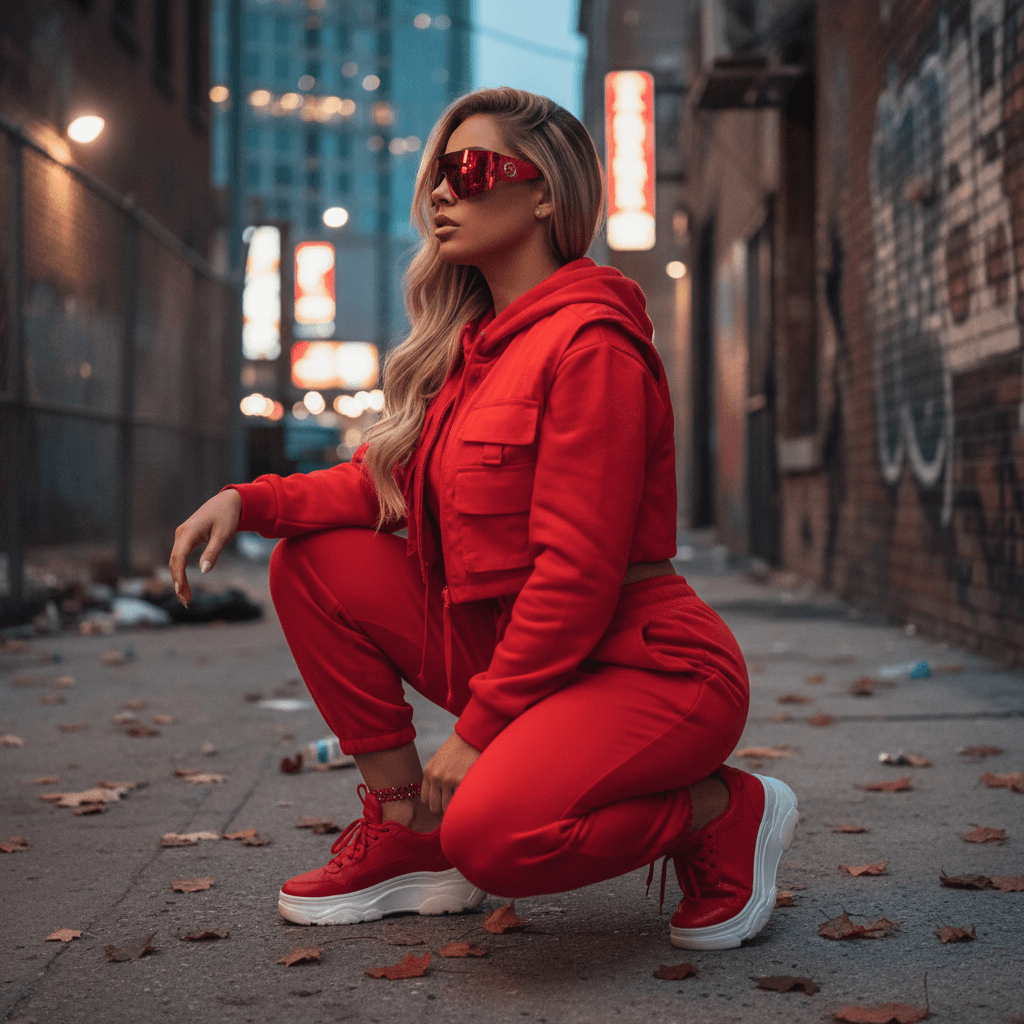 AI generated: hot latina female model with red urban clothes and red sunglasses, hneeling sqating, pose. looking t...