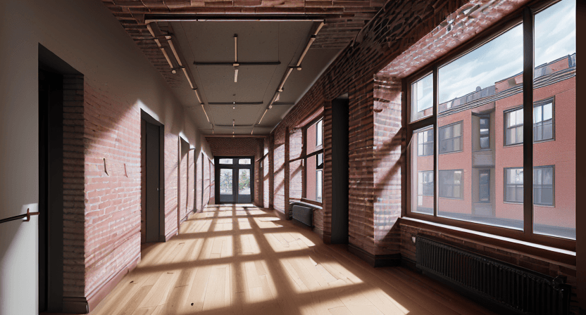 AI generated: High resolution photography of interior design, OF A CORRIDOR INSIDE A HOUSING BUILDING WITH TWO BRI...