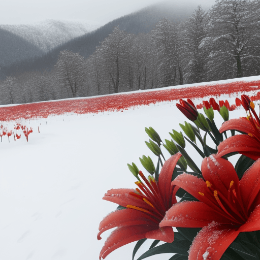 AI generated: Snow scenery, red flowers lilies blooming