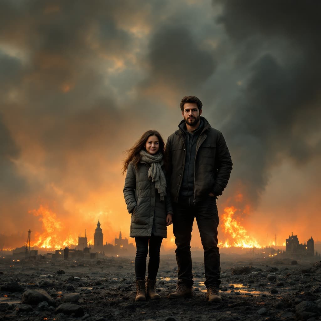 AI generated: A small family—mom, dad, and their young son—stand in front of a smoky, burning horizon, symbolizing...