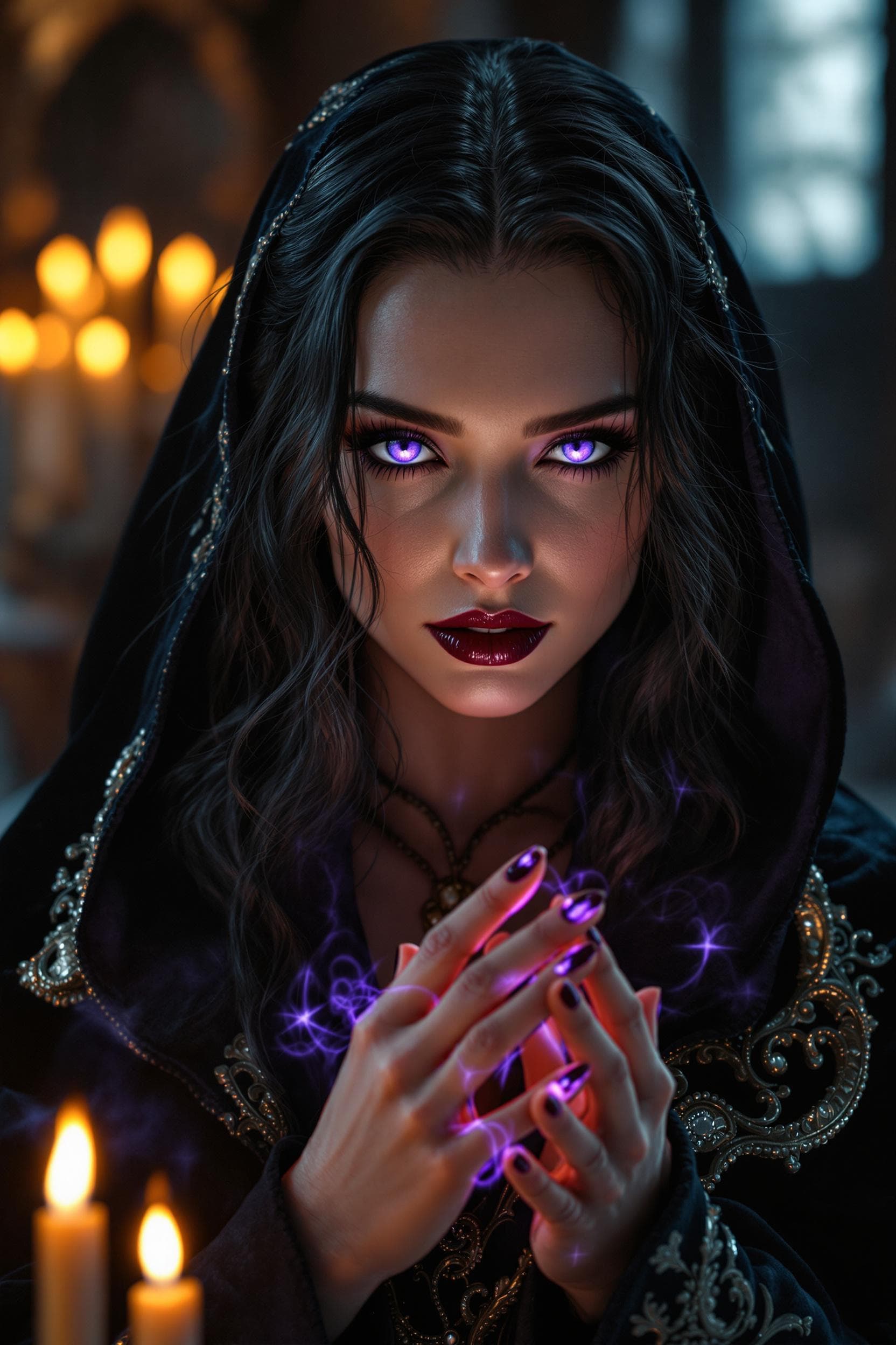 AI generated: A hyper-realistic portrait of Lily-Rose Melody Depp as Yennefer of Vengerberg from "The Witcher." Sh...