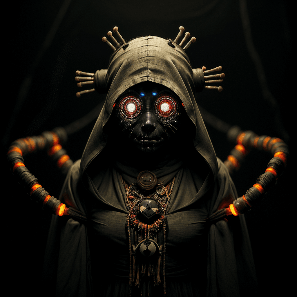AI generated: a figure in dress noface, tribal crown cloaked female spirit, hooded, shrouded,blind,wires and cable...
